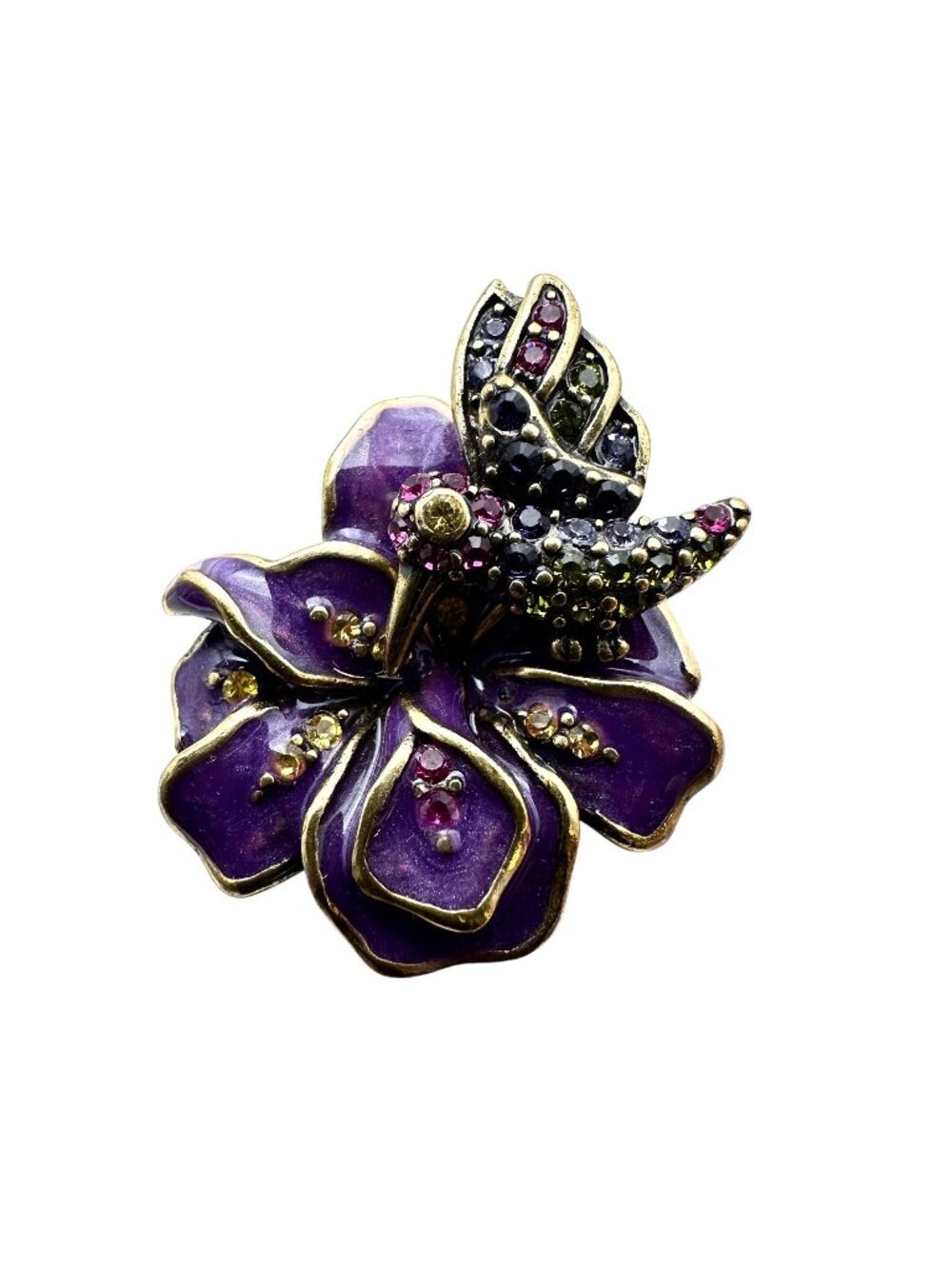Heidi Daus Ring Purple Crystal Humming Bird Flower Bronze Size 6